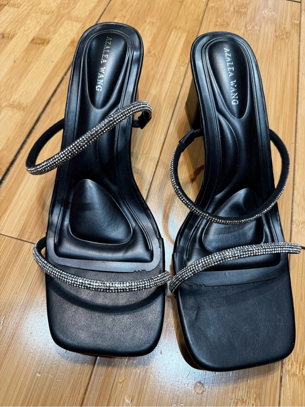 Azalea Wang Black Crystal-Strap Heeled Sandals